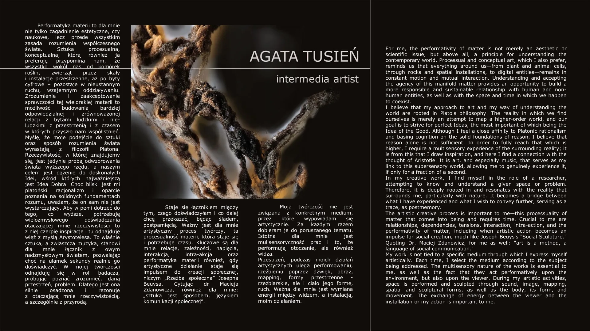 Agata Tusień — artist statement — performatyka materii i sztuka intermedialna