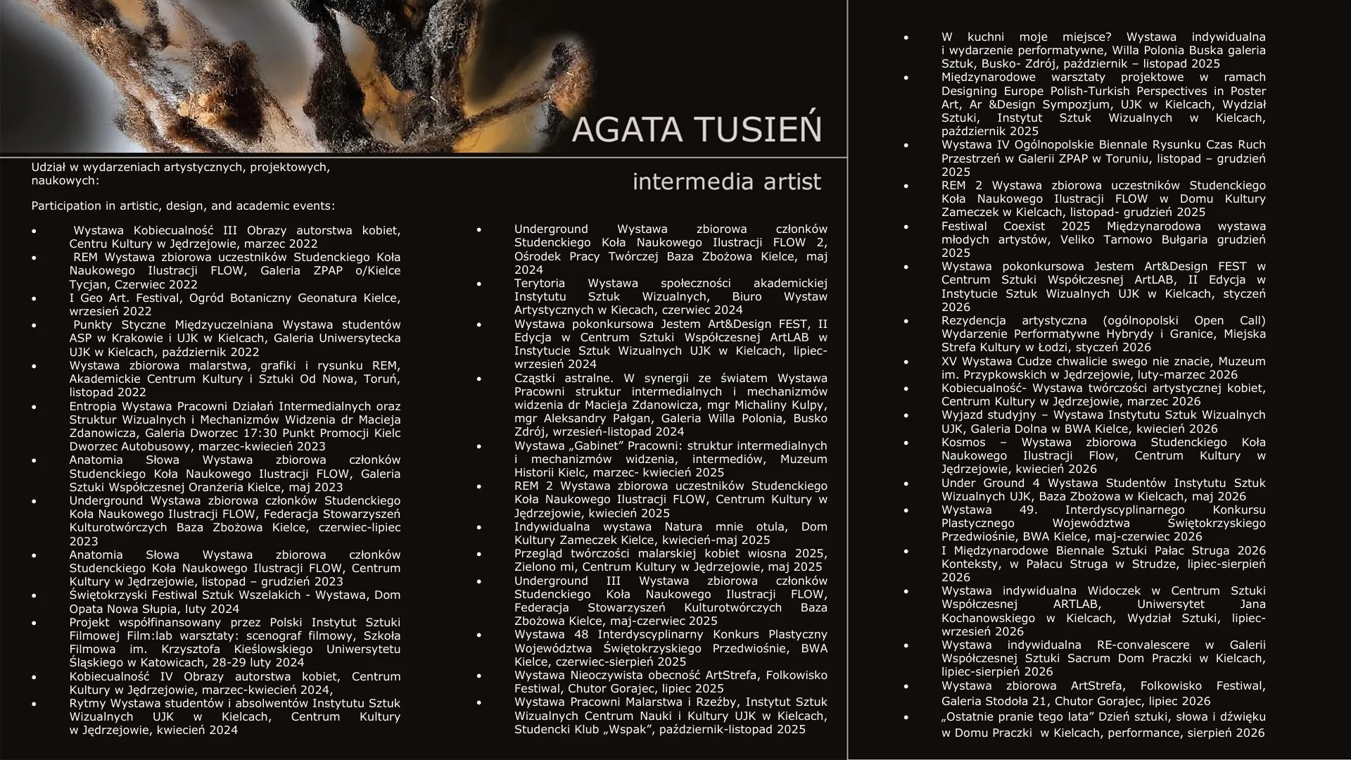 Agata Tusień — wystawy i wydarzenia artystyczne 2022–2026